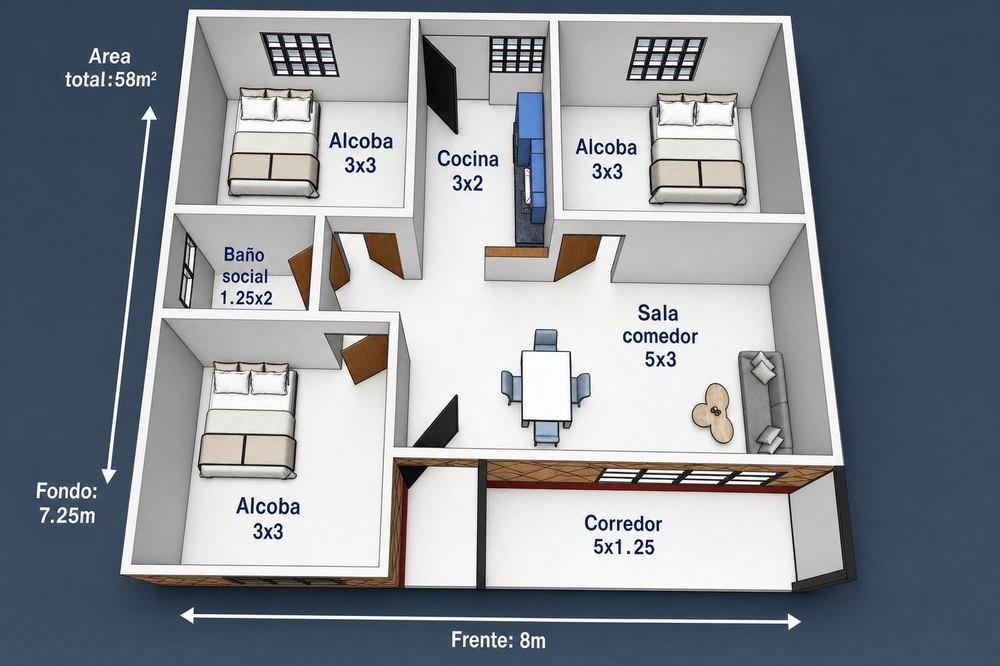 Plano Montilla 58 m²